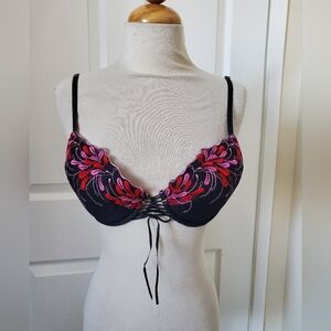 Fredrick's Of Hollywood Embroider Black Lace  Push Up Demi Bra Women's 36 C